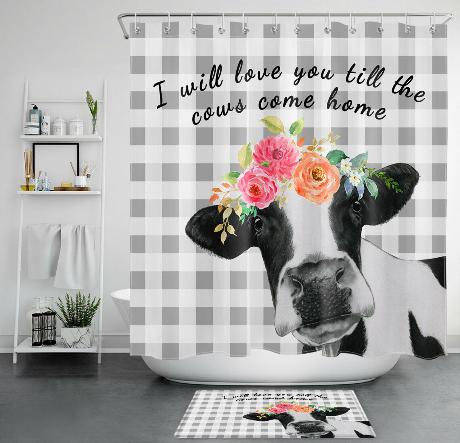 Farmhouse Chic Grey White Checkered Farm Cow Spring Flowers Shower Curtain