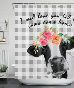 Farmhouse Chic Grey White Checkered Farm Cow Spring Flowers Shower Curtain