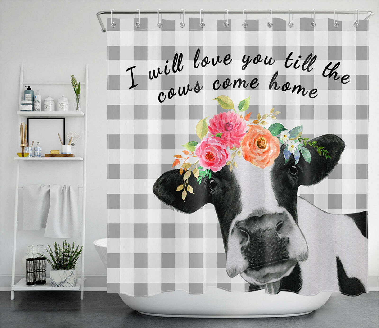 Farmhouse Chic Grey White Checkered Farm Cow Spring Flowers Shower Curtain