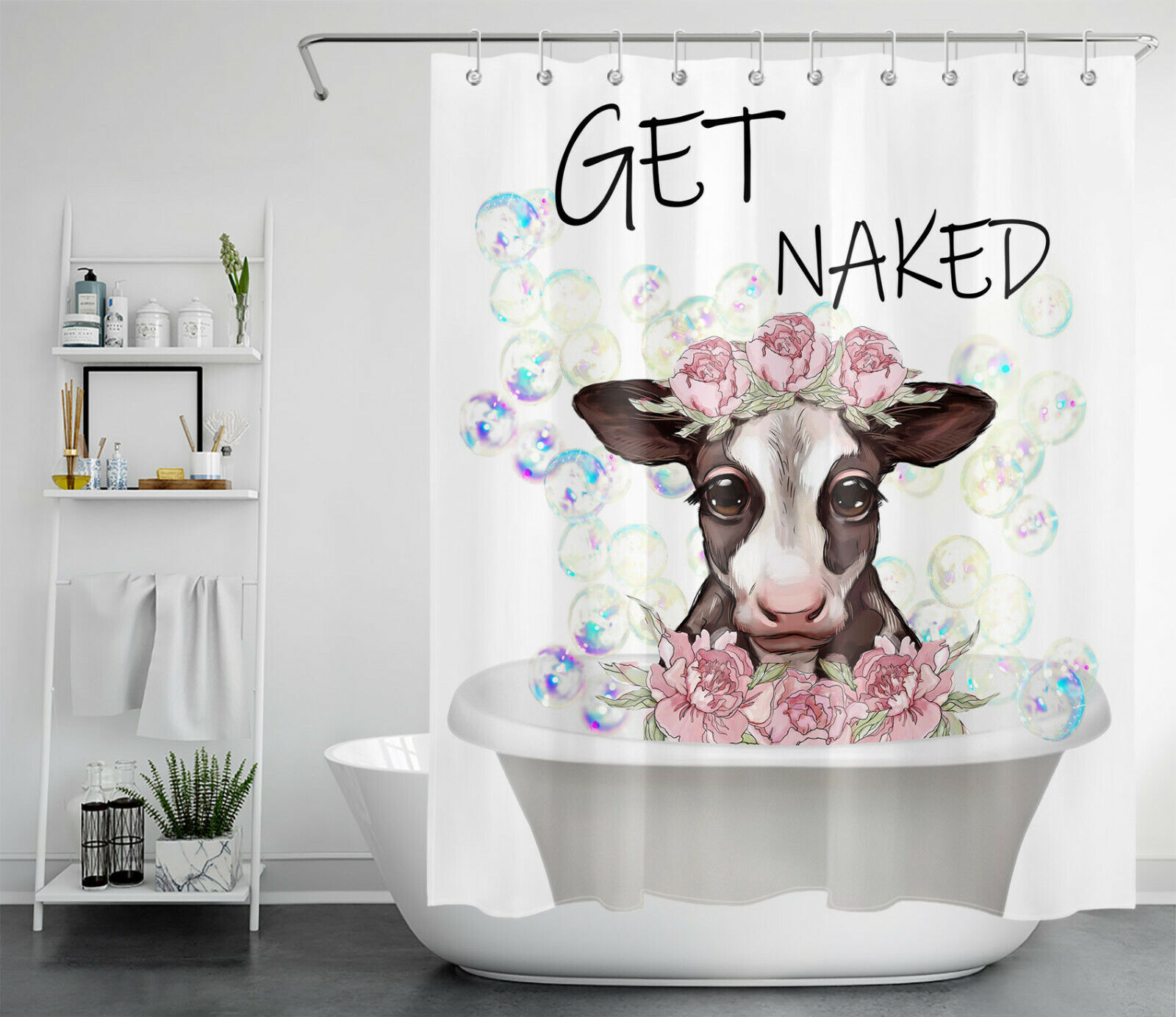 Farmhouse Cow And Flower Wildlife Shower Curtain For Bathroom Decor
