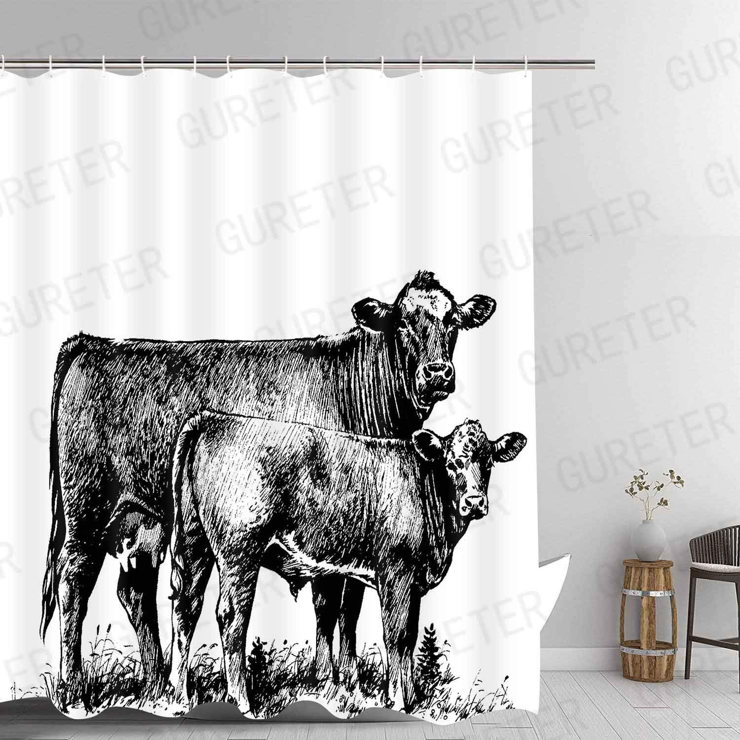 Farmhouse Cow Painting Art Shower Curtain For Rustic Bathroom Decor
