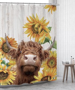 Farmhouse Cow Sunflower Shower Curtain - Funny Highland Rustic Cattle Design
