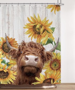 Farmhouse Cow Sunflower Shower Curtain - Funny Highland Rustic Cattle Design