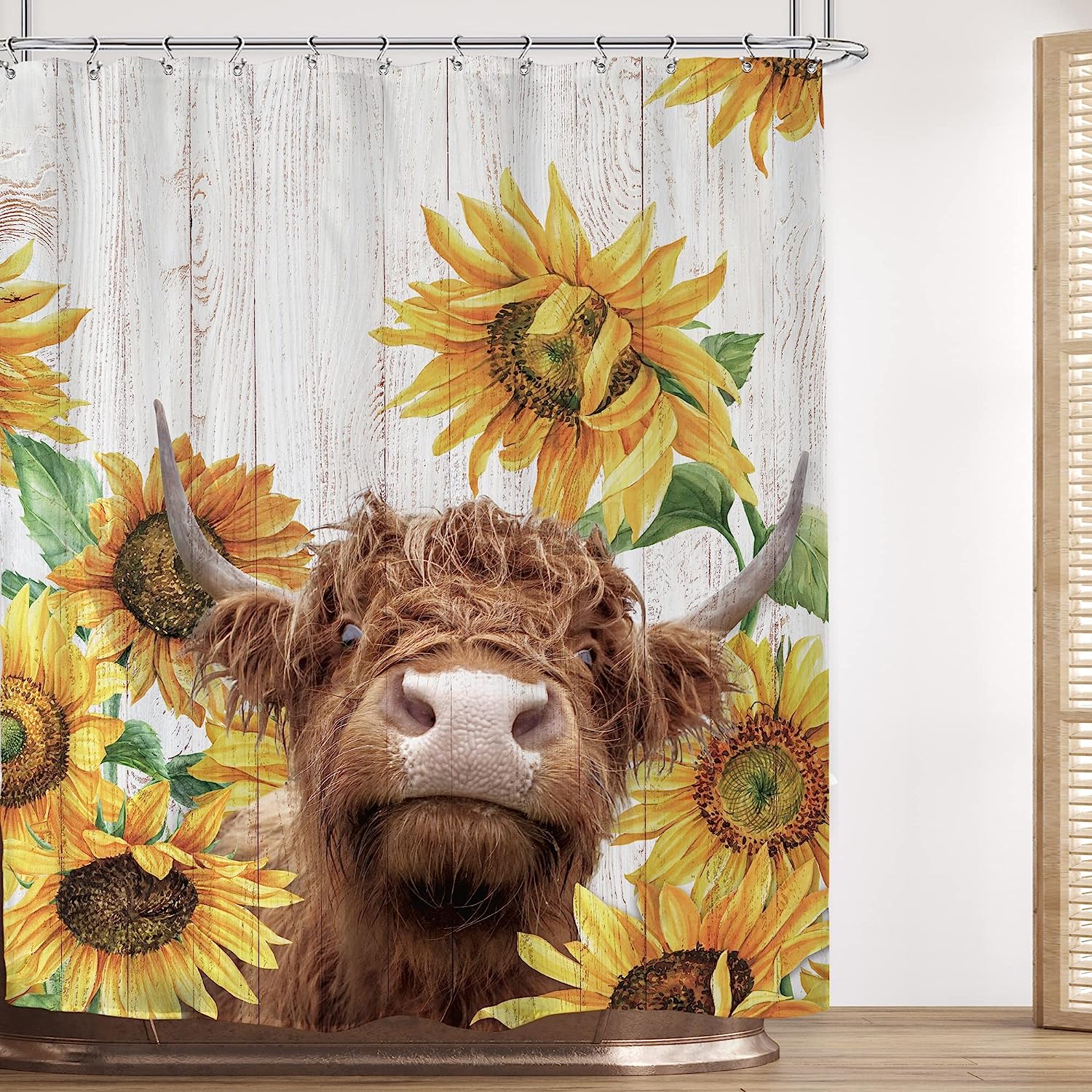 Farmhouse Cow Sunflower Shower Curtain - Funny Highland Rustic Cattle Design