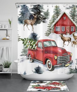 Farmhouse Elk Truck Shower Curtain for Christmas Bathroom Decor