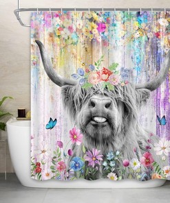 Farmhouse Highland Cow Shower Curtain With Boho Floral And Funny Western Animal Design, Perfect For Your Bathroom Decor