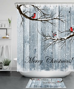 Farmhouse Planks Cardinals Christmas Shower Curtain - Rustic Bathroom Decor