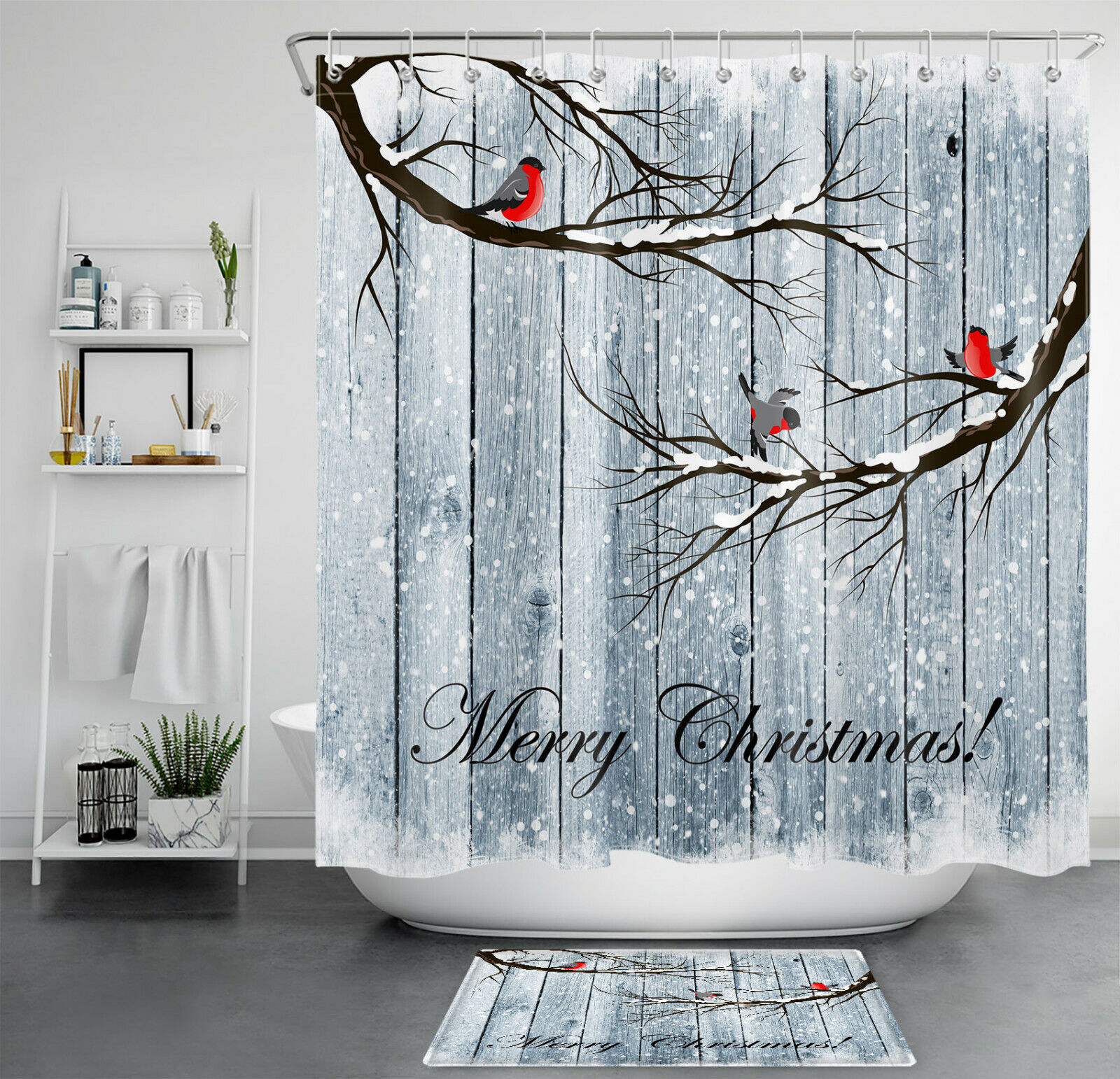 Farmhouse Planks Cardinals Christmas Shower Curtain - Rustic Bathroom Decor