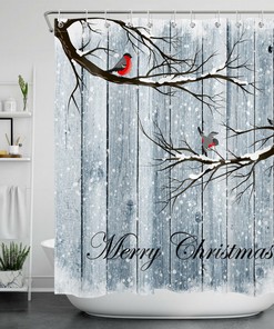 Farmhouse Planks Cardinals Christmas Shower Curtain - Rustic Bathroom Decor