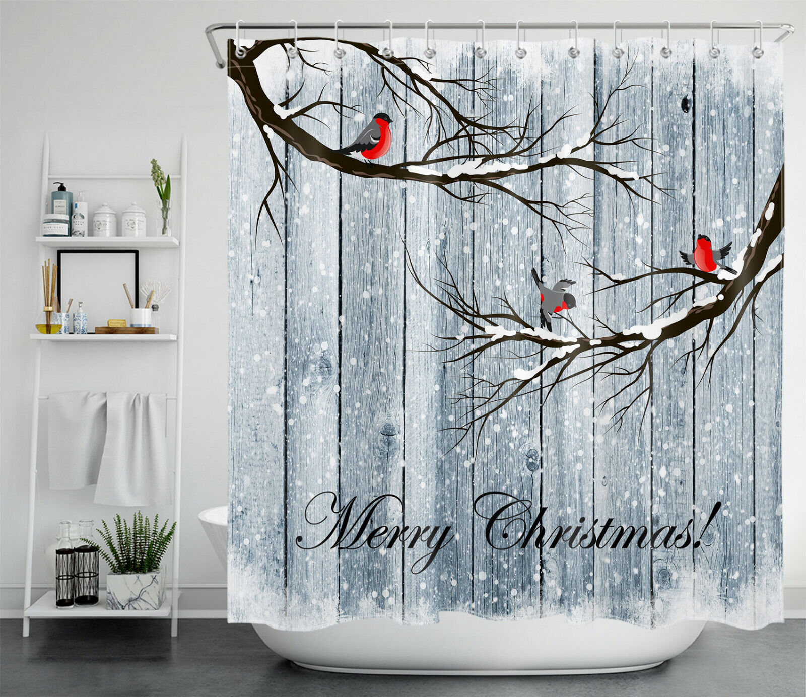 Farmhouse Planks Cardinals Christmas Shower Curtain - Rustic Bathroom Decor