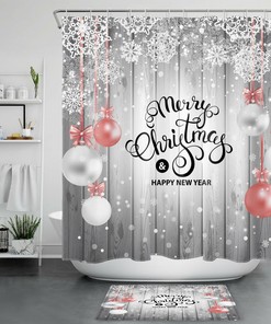 Farmhouse Planks Xmas Ball Snowflake Christmas Shower Curtain - Modern Rustic Bathroom Decor