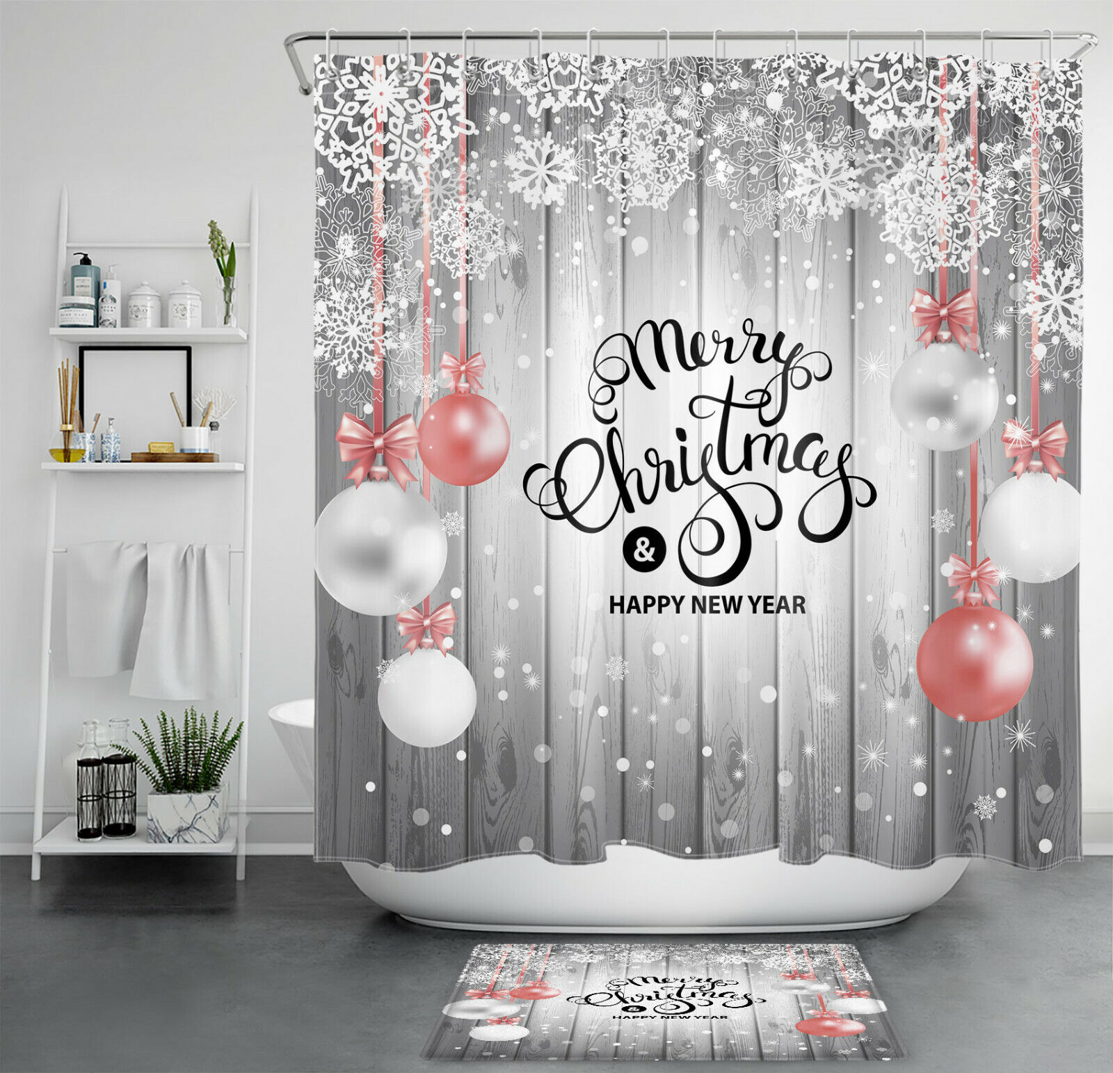 Farmhouse Planks Xmas Ball Snowflake Christmas Shower Curtain - Modern Rustic Bathroom Decor