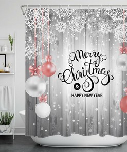 Farmhouse Planks Xmas Ball Snowflake Christmas Shower Curtain - Modern Rustic Bathroom Decor