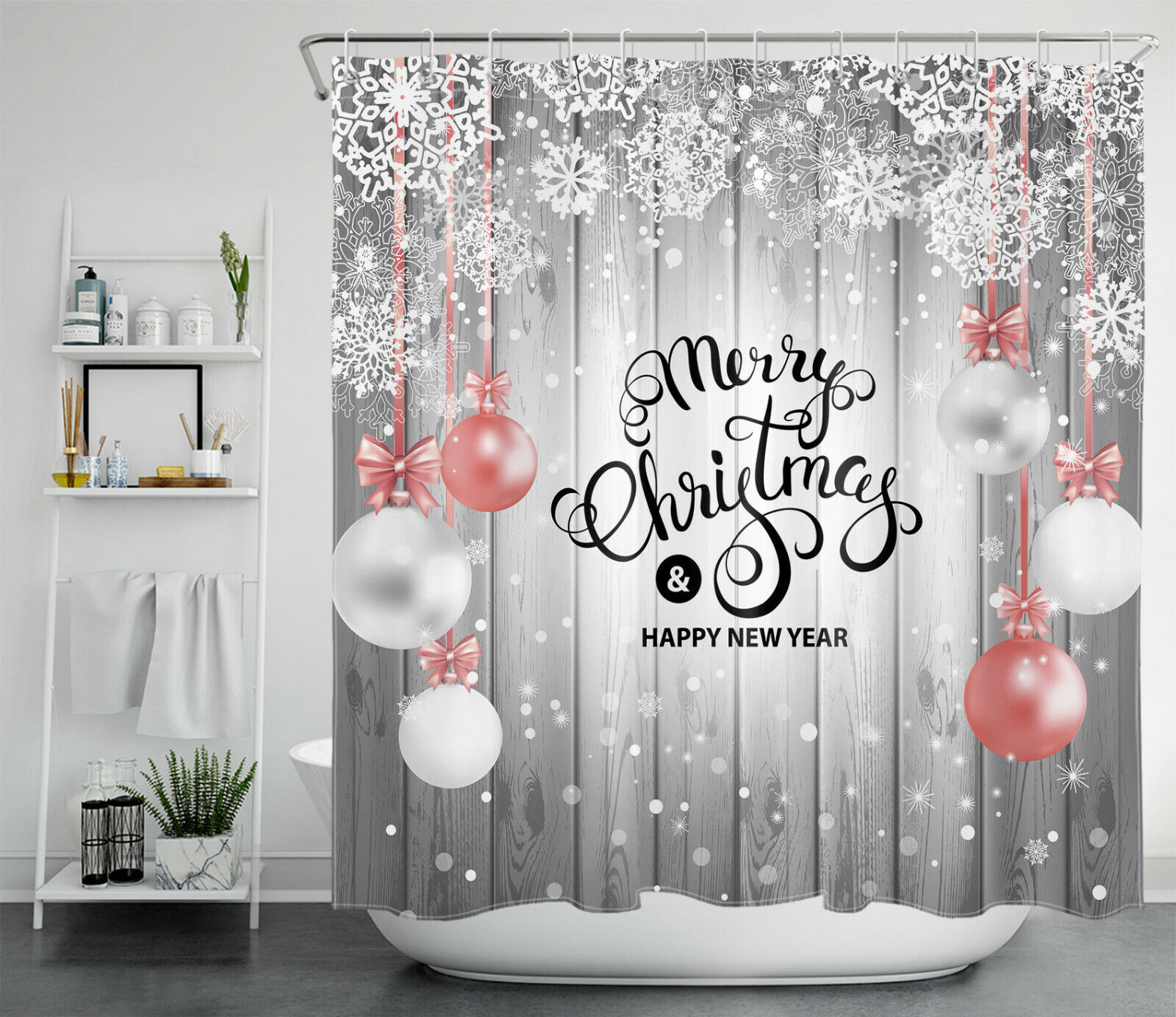 Farmhouse Planks Xmas Ball Snowflake Christmas Shower Curtain - Modern Rustic Bathroom Decor