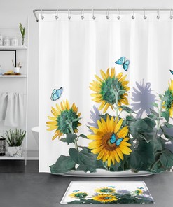 Farmhouse Plant Blue Butterfly Sunflower Shower Curtain For Bathroom Decor