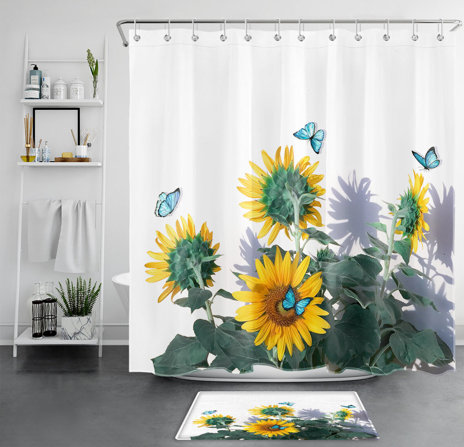 Farmhouse Plant Blue Butterfly Sunflower Shower Curtain For Bathroom Decor