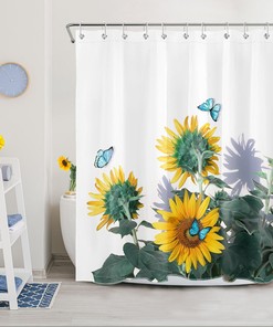 Farmhouse Plant Blue Butterfly Sunflower Shower Curtain For Bathroom Decor
