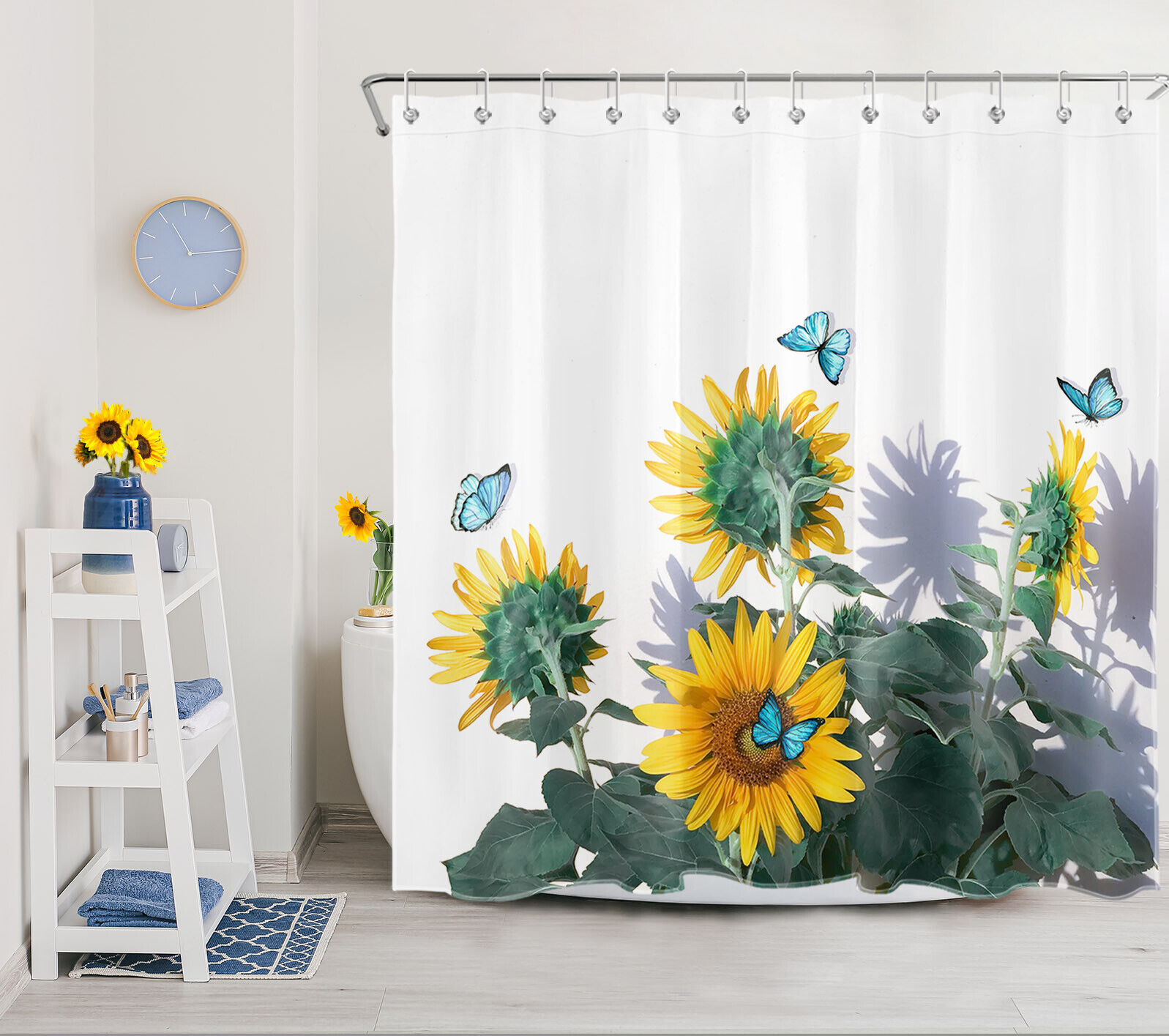 Farmhouse Plant Blue Butterfly Sunflower Shower Curtain For Bathroom Decor