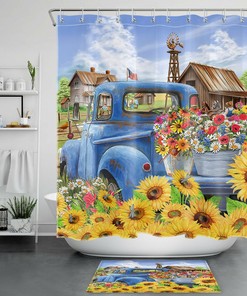 Farmhouse Red Truck Flowers Sunflower Butterfly Shower Curtain For Bathroom Accessories