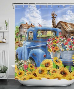 Farmhouse Red Truck Flowers Sunflower Butterfly Shower Curtain For Bathroom Accessories