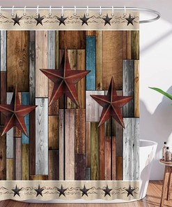 Farmhouse Rustic Barn Door And Texas Star Fabric Shower Curtain
