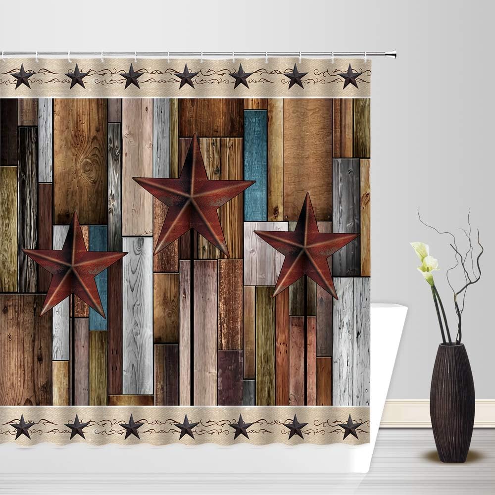 Farmhouse Rustic Barn Door And Texas Star Fabric Shower Curtain - Image 3
