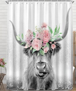 Farmhouse Rustic Pink Floral Bull Flower Shower Curtain with Waterproof Fabric for Bathroom Decor