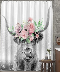 Farmhouse Rustic Pink Floral Bull Flower Shower Curtain with Waterproof Fabric for Bathroom Decor