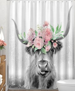 Farmhouse Rustic Pink Floral Bull Flower Shower Curtain with Waterproof Fabric for Bathroom Decor