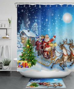 Farmhouse Santa Sleigh And Snowflakes Shower Curtain For Winter Bathroom Decor 