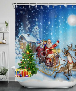 Farmhouse Santa Sleigh And Snowflakes Shower Curtain For Winter Bathroom Decor