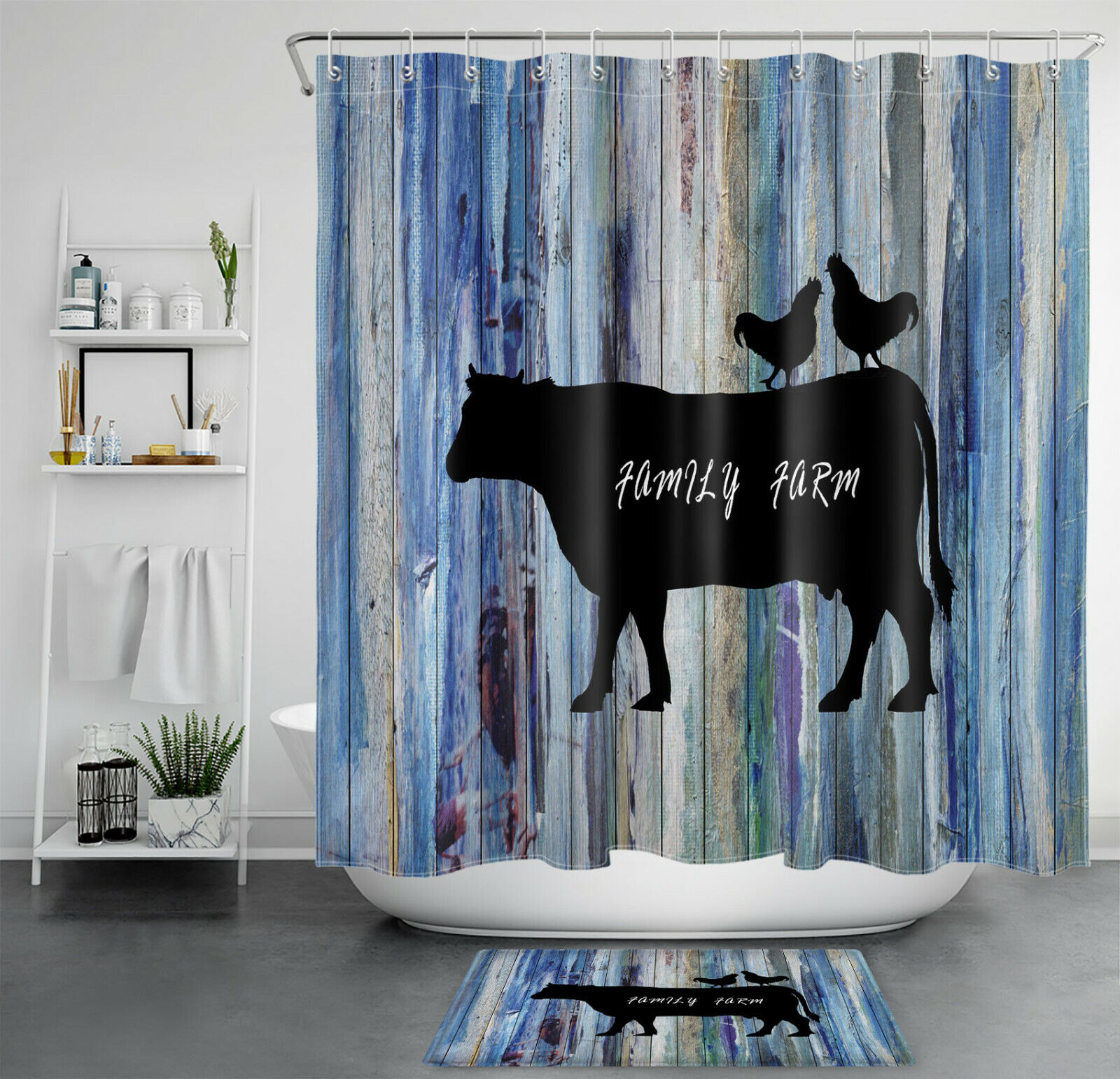 Farmhouse Shower Curtain With Autumn Cow And Chicken Design - Bathroom Accessory