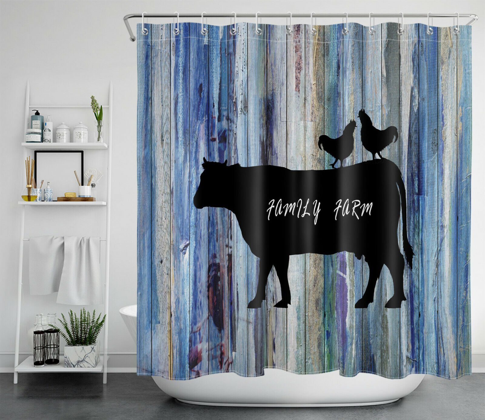 Farmhouse Shower Curtain With Autumn Cow And Chicken Design - Bathroom Accessory