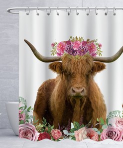 Farmhouse Shower Curtain With Highland Cow And Flower Print