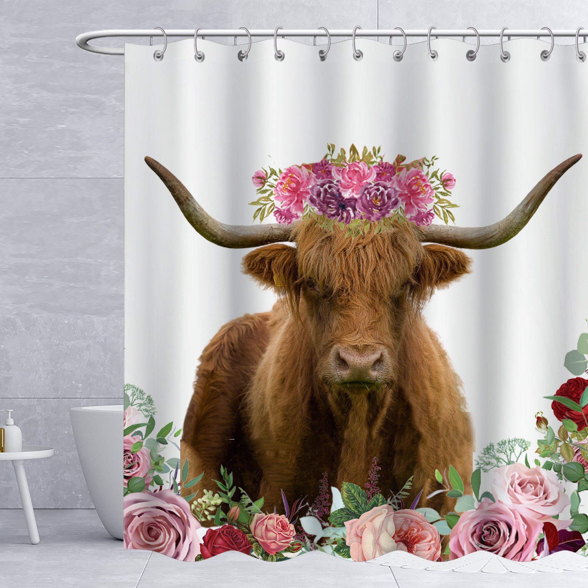 Farmhouse Shower Curtain With Highland Cow And Flower Print