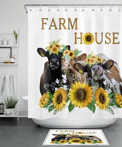 Farmhouse Shower Curtain With Sunflower - Funny Cow Bathroom Accessory For Rustic Decor