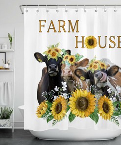 Farmhouse Shower Curtain With Sunflower - Funny Cow Bathroom Accessory For Rustic Decor