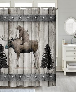 Farmhouse Shower Curtain with Gray Wooden Barn Board Design and Wildlife Animal Prints