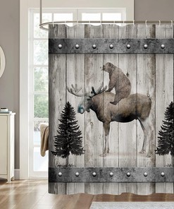 Farmhouse Shower Curtain with Gray Wooden Barn Board Design and Wildlife Animal Prints