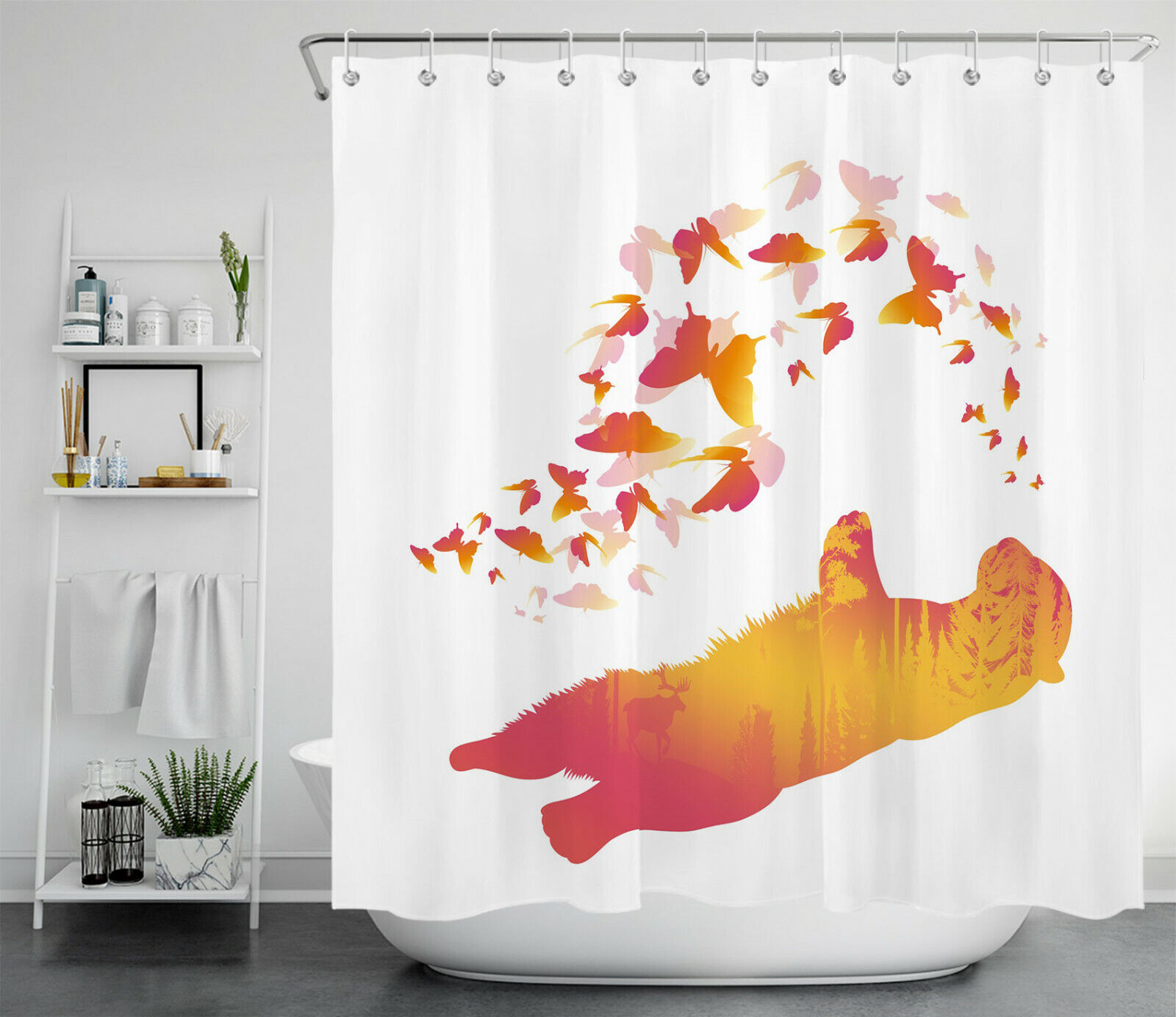 Farmhouse Shower Curtain with Wild Animal Bear Butterfly Design, Rustic and Chic for Bathroom Accessories