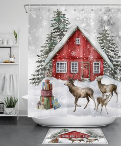 Farmhouse Snowflake Elk Shower Curtain for Christmas Bathroom Decor