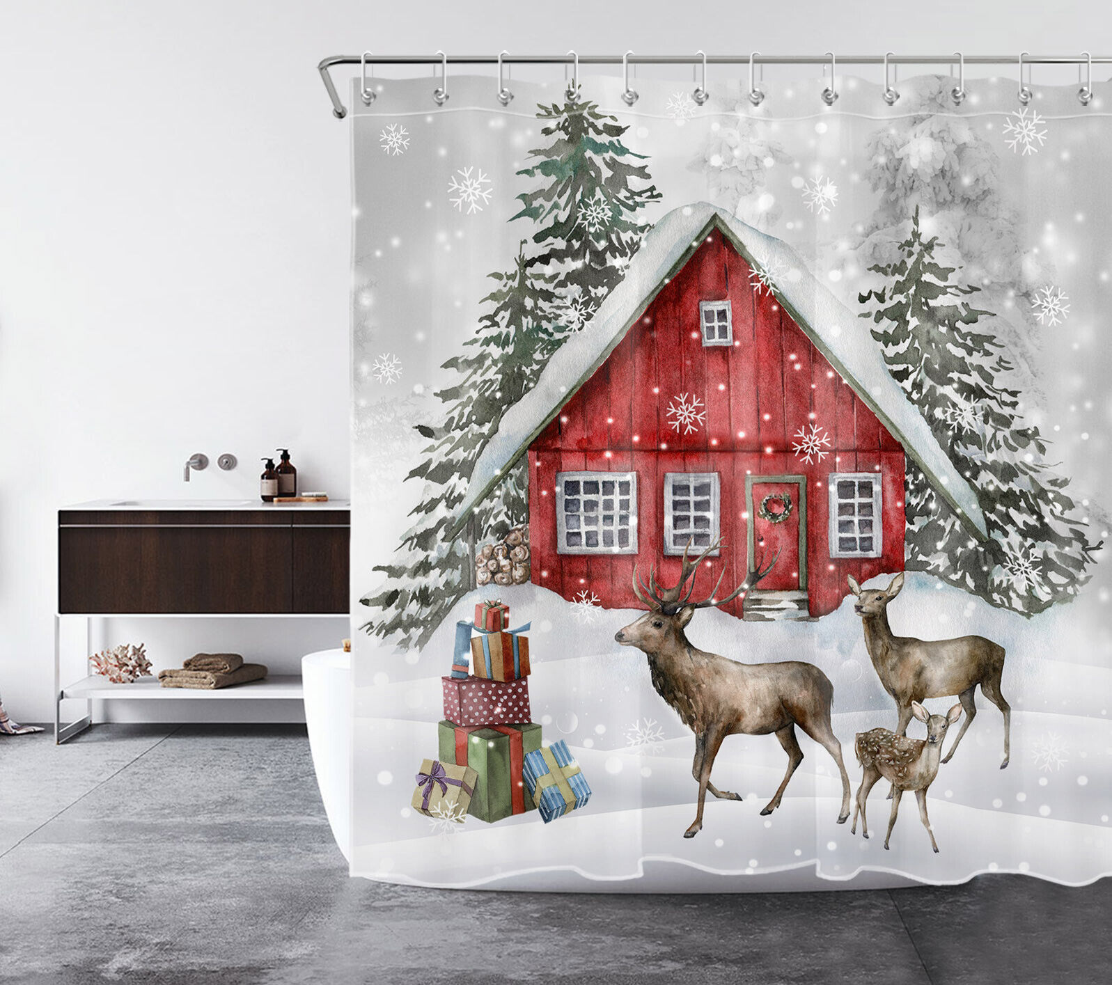 Farmhouse Snowflake Elk Shower Curtain for Christmas Bathroom Decor