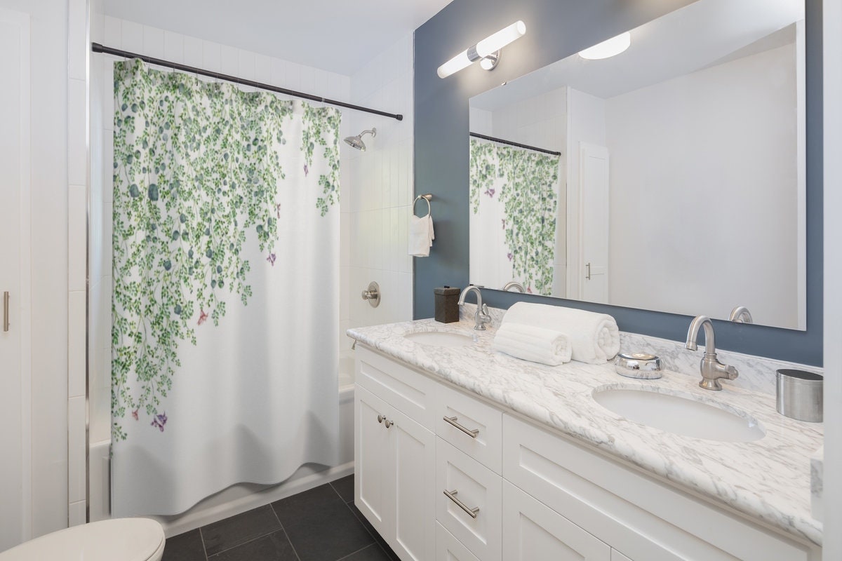 Farmhouse Style Green Botanical Shower Curtain For Rustic Bathroom Decor