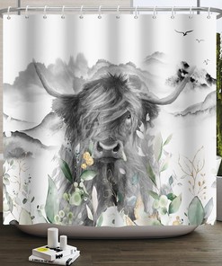 Farmhouse Style Highland Cow Bull Shower Curtain With Floral Western Wildlife Grey Animal Portrait Design