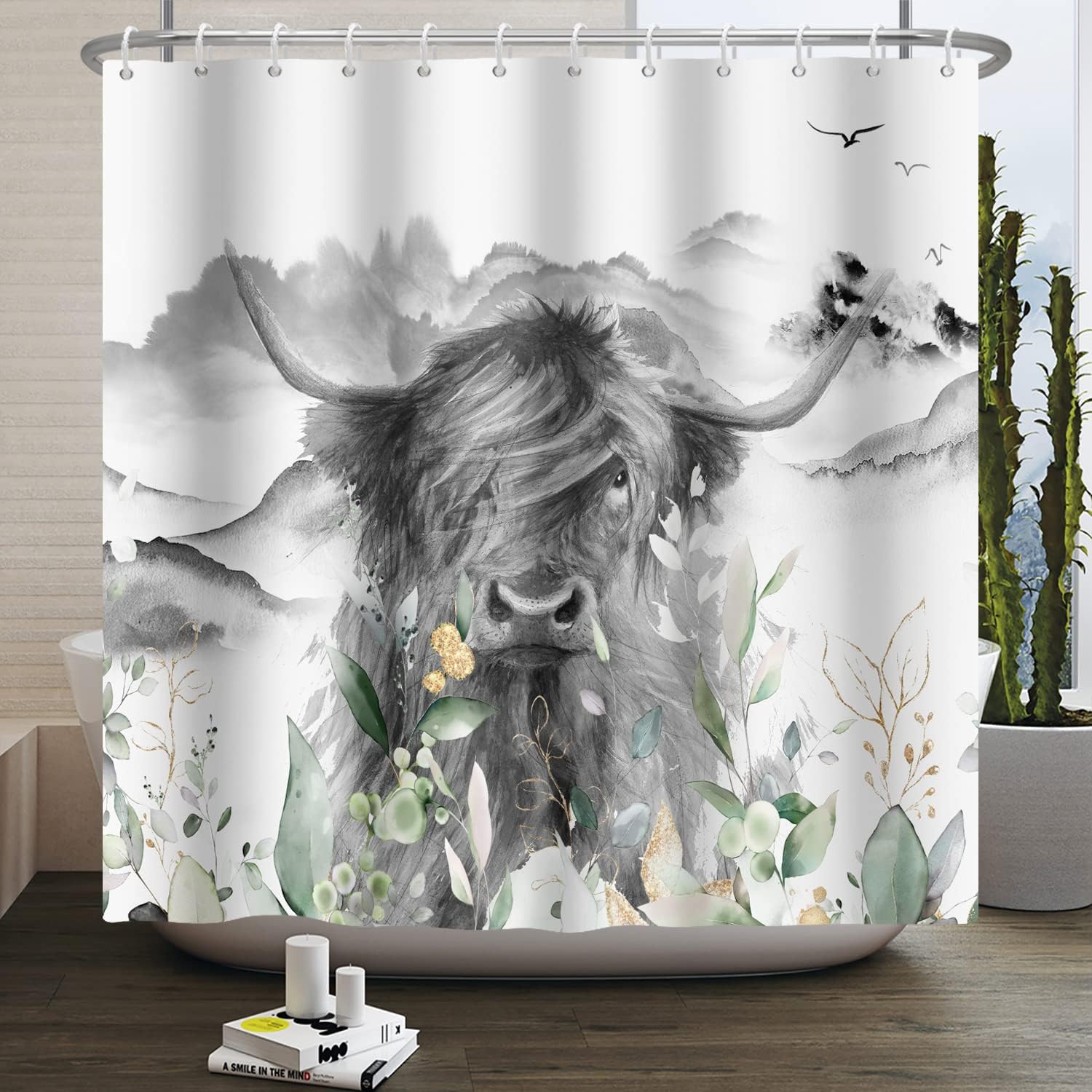 Farmhouse Style Highland Cow Bull Shower Curtain With Floral Western Wildlife Grey Animal Portrait Design