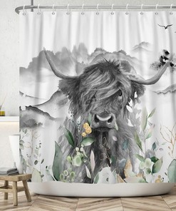 Farmhouse Style Highland Cow Bull Shower Curtain With Floral Western Wildlife Grey Animal Portrait Design