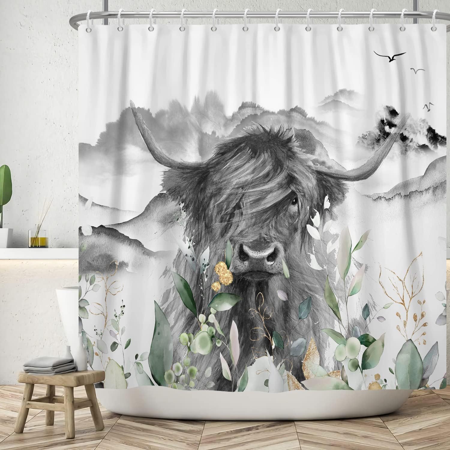 Farmhouse Style Highland Cow Bull Shower Curtain With Floral Western Wildlife Grey Animal Portrait Design