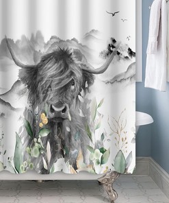 Farmhouse Style Highland Cow Bull Shower Curtain With Floral Western Wildlife Grey Animal Portrait Design