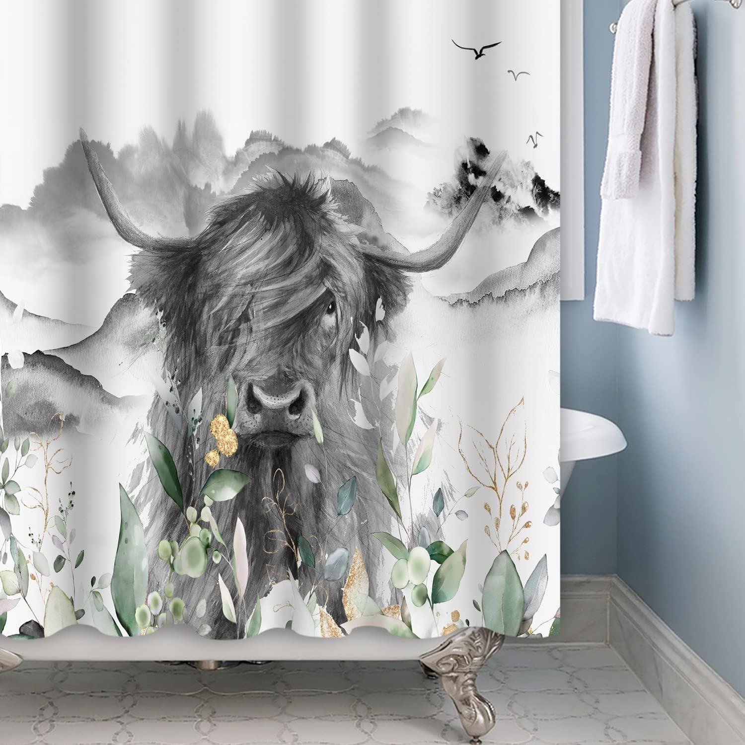 Farmhouse Style Highland Cow Bull Shower Curtain With Floral Western Wildlife Grey Animal Portrait Design