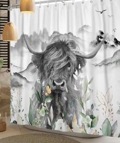 Farmhouse Style Highland Cow Bull Shower Curtain With Floral Western Wildlife Grey Animal Portrait Design